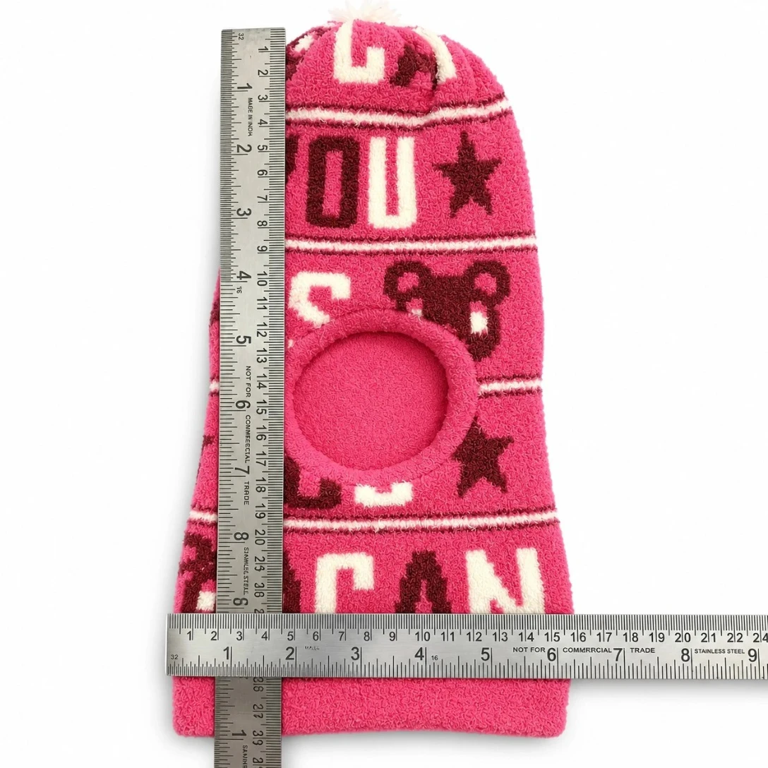 ink baby winter balaclava cap with maroon teddy bear motifs, stars and cream lettering size