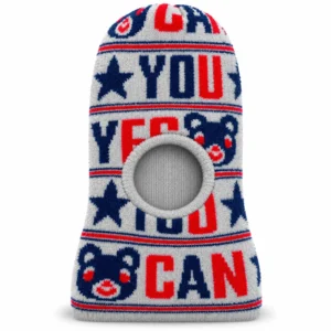 Grey baby winter balaclava cap with navy blue and red teddy bear prints and stars