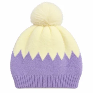 Lavender and cream baby winter cap with fluffy cream pom-pom and zigzag pattern