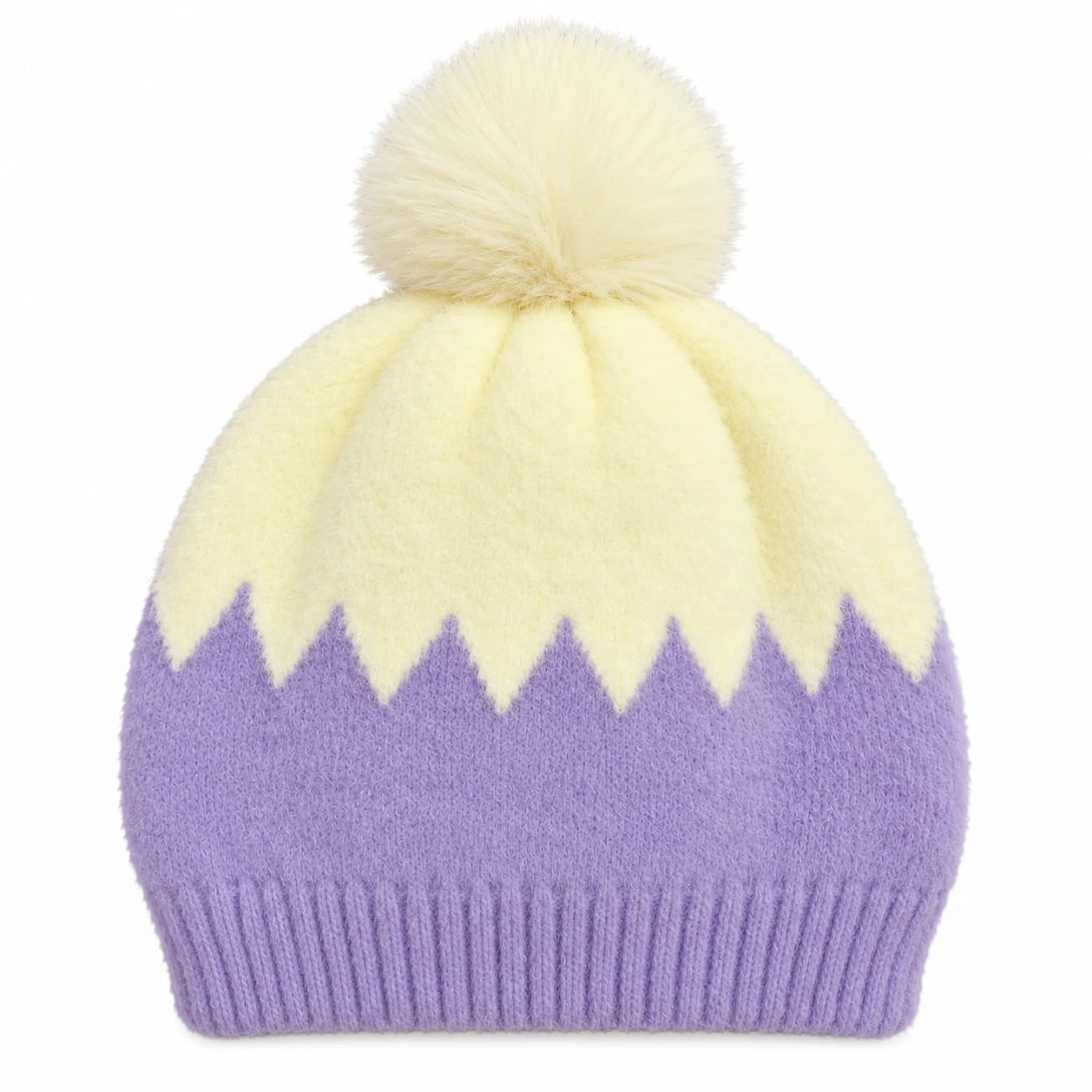 Lavender and cream baby winter cap with fluffy cream pom-pom and zigzag pattern