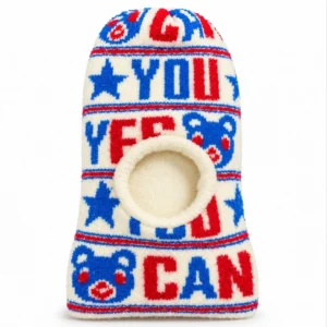 Red, blue and cream baby winter balaclava cap with teddy bear prints, stars and decorative lettering