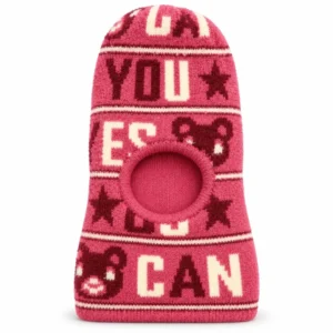 ink baby winter balaclava cap with maroon teddy bear motifs, stars and cream lettering
