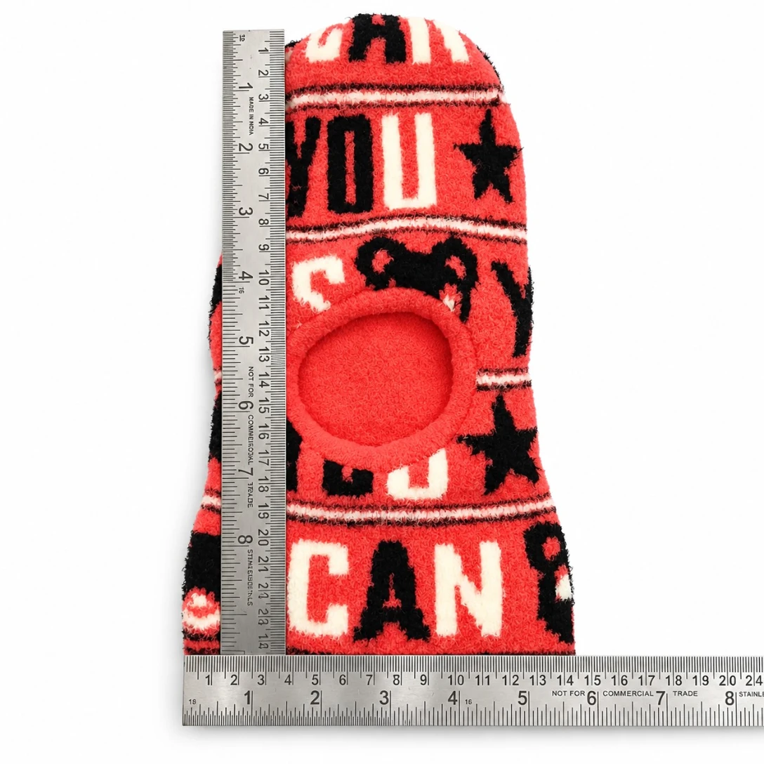 Coral-red baby winter balaclava cap with black and cream teddy bear motifs and star patterns size