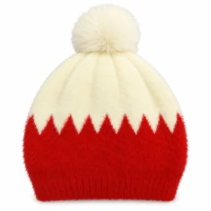 Red and cream baby winter cap with fluffy cream pom-pom and zigzag pattern