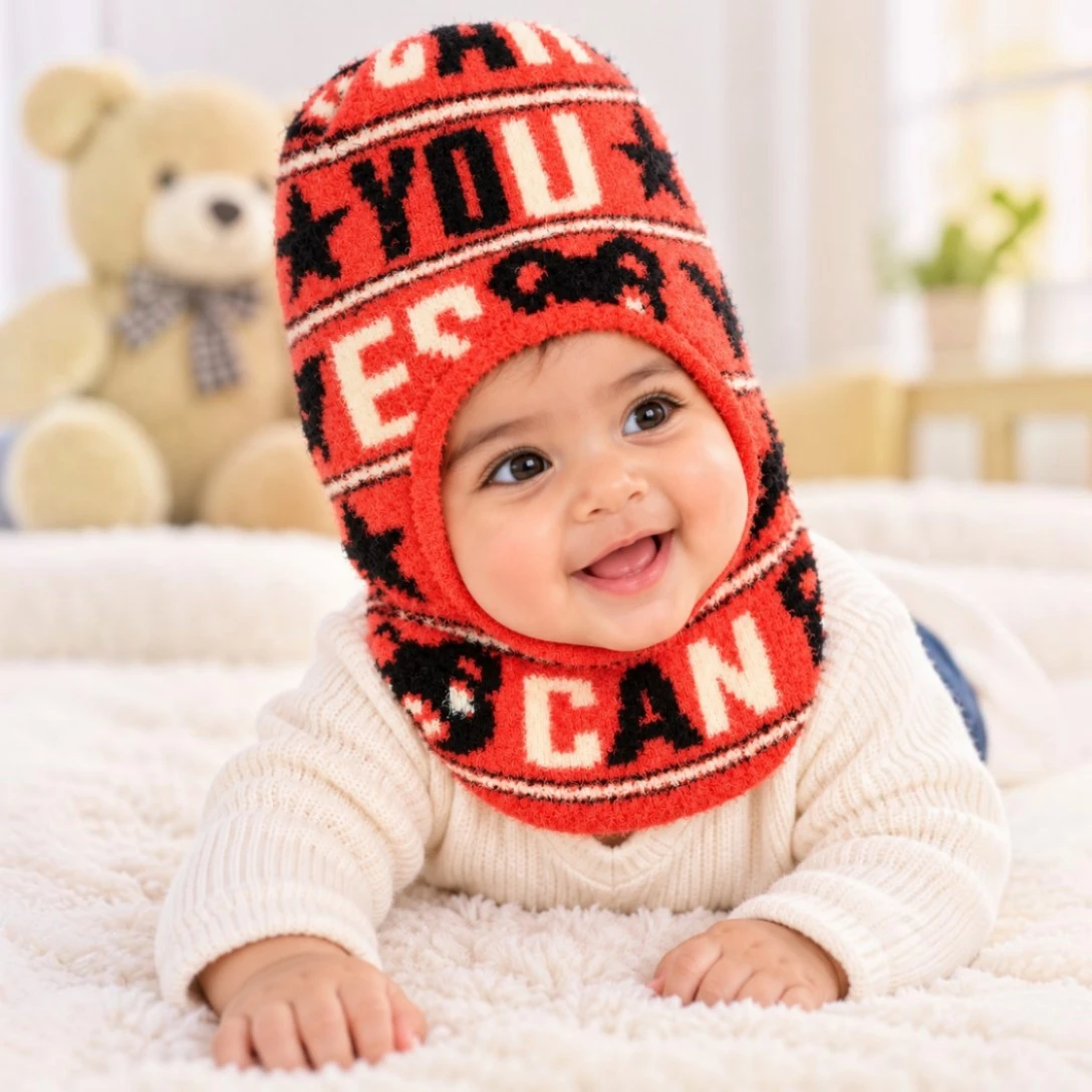 Coral-red baby winter balaclava cap with black and cream teddy bear motifs and star patterns boy